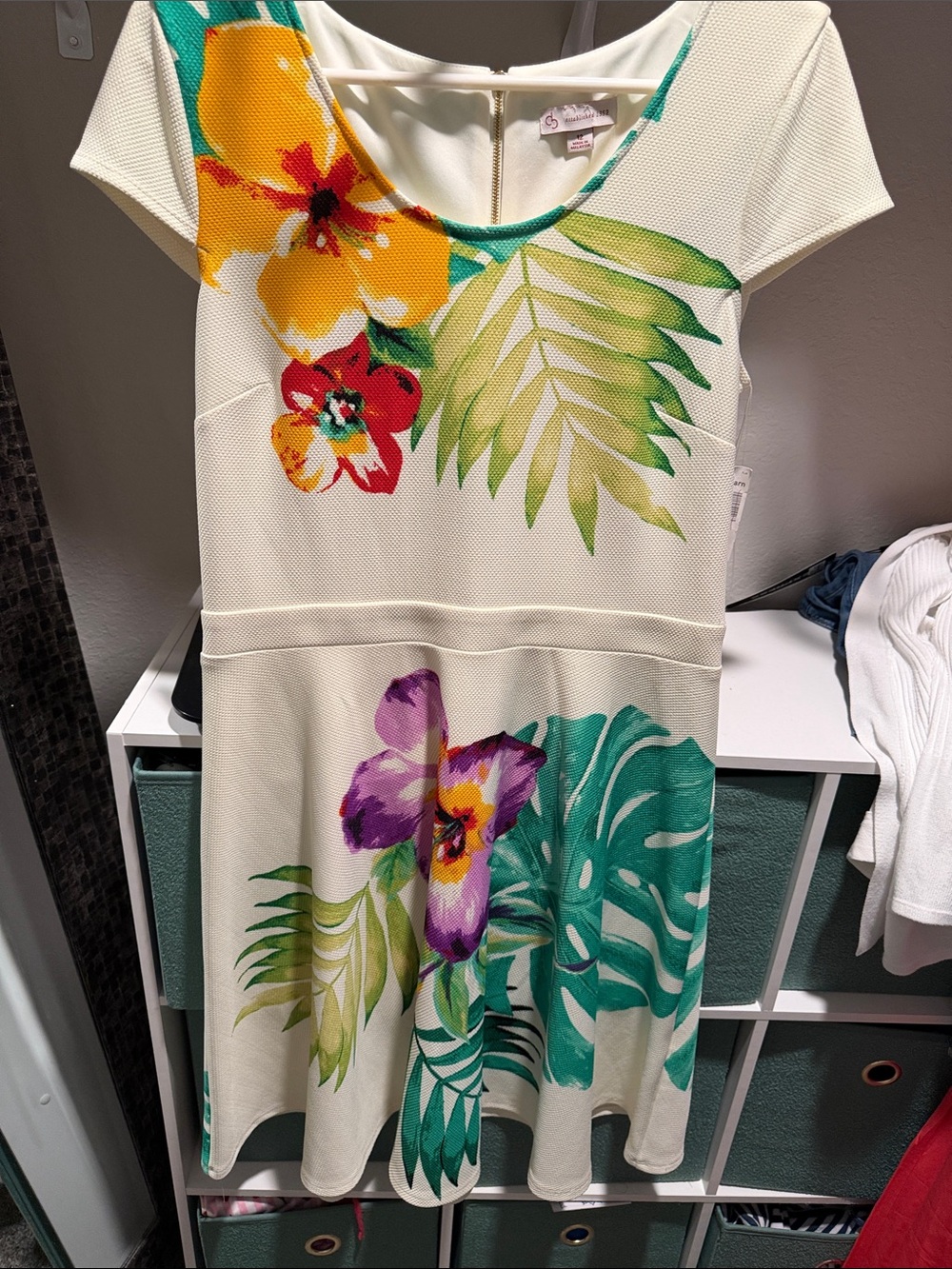 Dress Barn Cream Tropical Floral Fit & Flare Midi Dress